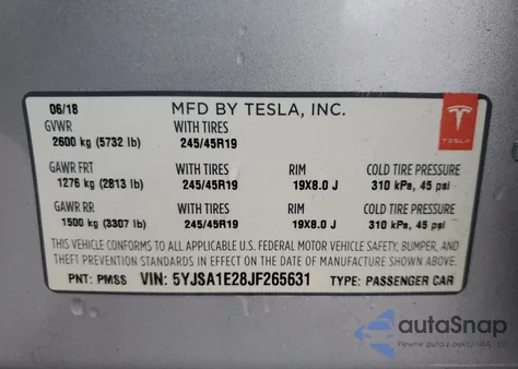 2018 Tesla Model S z USA, uszkodzony, nr VIN 5YJSA1E28JF265631